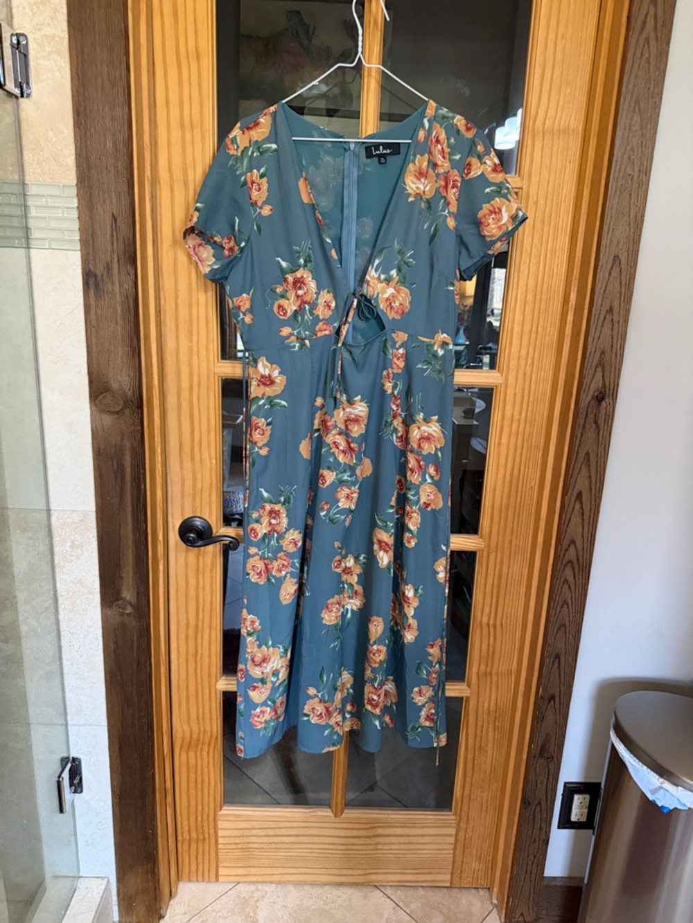 Lulu's Best Day of My Life dusty blue Floral Midi Dress with apricot Blooms - Picture 8 of 11